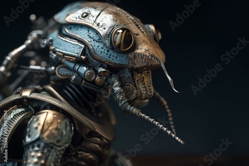 Lifelike gecko roach in futuristic armor outfit, surreal insect. Generative AI