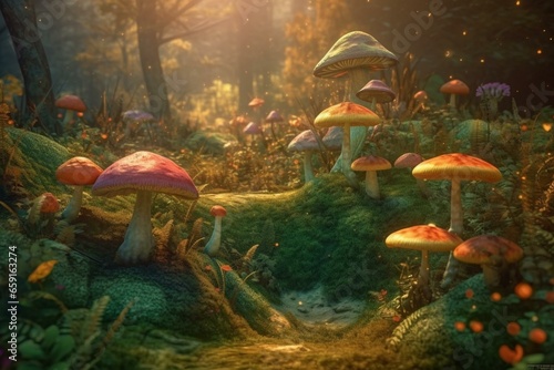 Colorful mushrooms thrive in a forest. Enchanting woodland setting resembling a fairy tale. Unreal 3D depiction. Generative AI © Phoenix