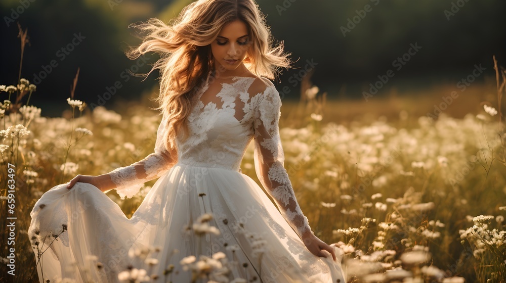 A woman in a wedding costume in the middle of a meadow - Generative AI A woman in a wedding costume in the middle of a meadow - Generative AI