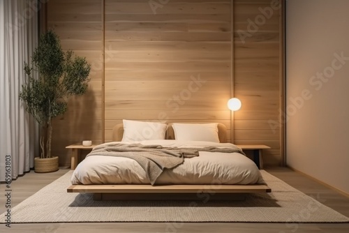 Simplistic bedroom featuring wooden walls, beige frame, comfy double bed with pillows, carpets, decors, and modern Japandi design. Generative AI