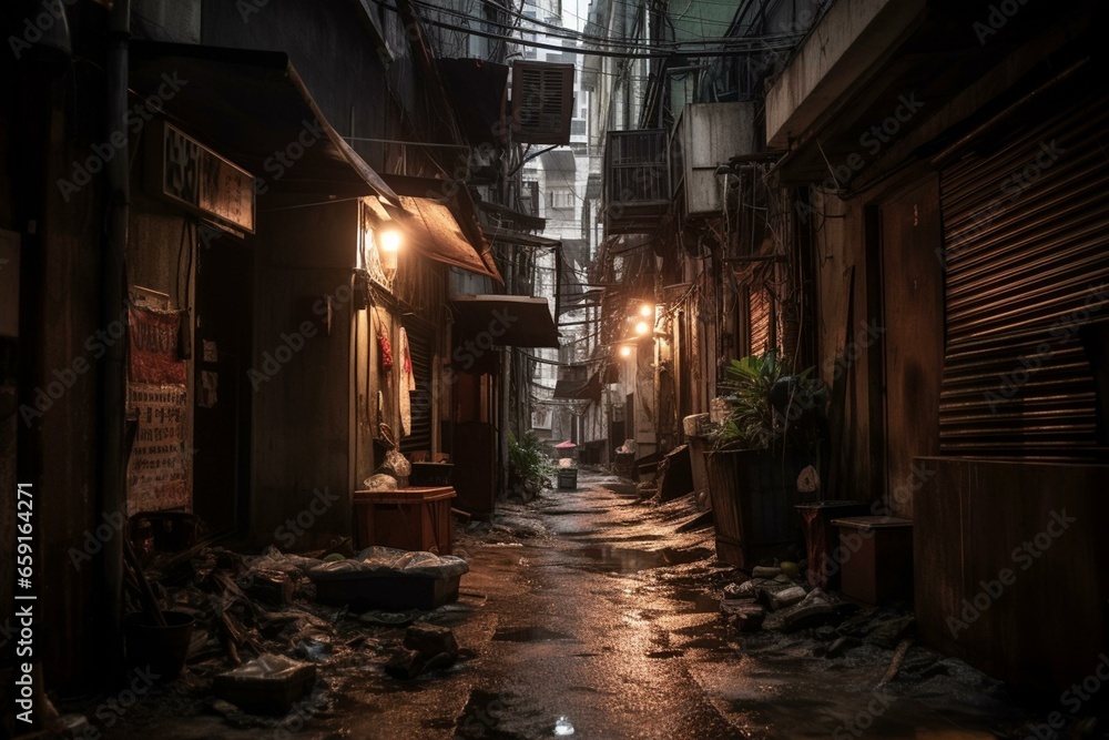 A sinister alley amidst towering buildings, immersed in darkness, filled with grime and scattered debris. Generative AI