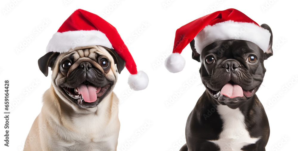 Holiday Hounds: Pug and French Bulldog Wearing Santa Claus Hats on transparent background, png - Generative AI Holiday Hounds: Pug and French Bulldog Wearing Santa Claus Hats on transparent background, png - Generative AI