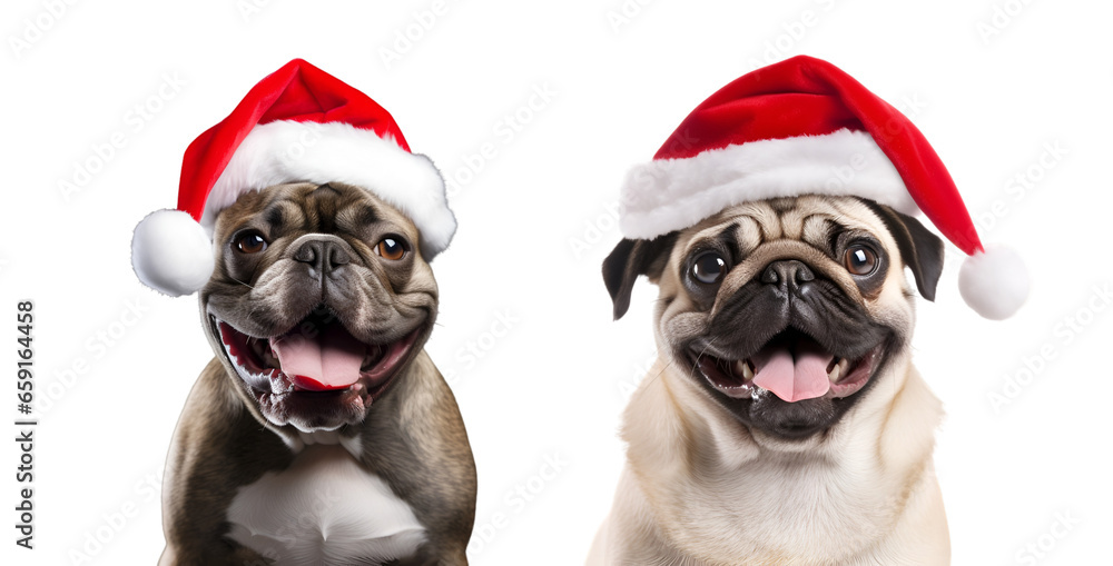 Santa Claus Hat Wearing Pug and French Bulldog: A Set of Christmas Dogs on transparent background, png - Generative AI