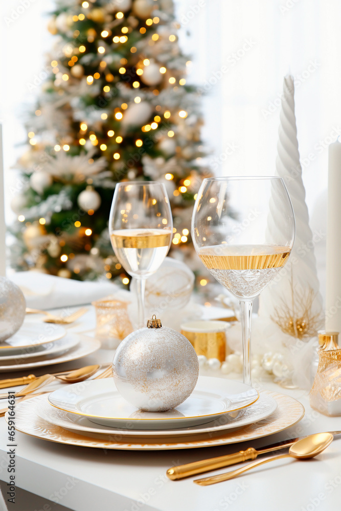 Beautiful table setting with Christmas decorations in living room Beautiful table setting with Christmas decorations in living room