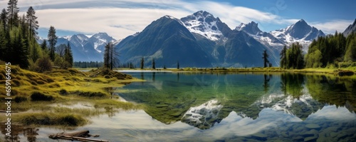 A Scenic Water Reservoir: A Lake Reflecting Majestic Mountains and Grassy Shores, Symbolizing the Importance of Freshwater in the World and the Growing Concern of Water Scarcity