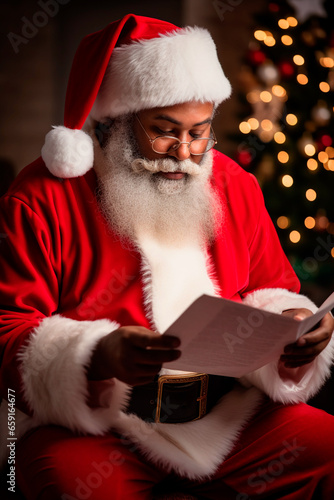  Afro - American Santa Claus reading a wishlist with a thoughtful expression during a Christmas morning