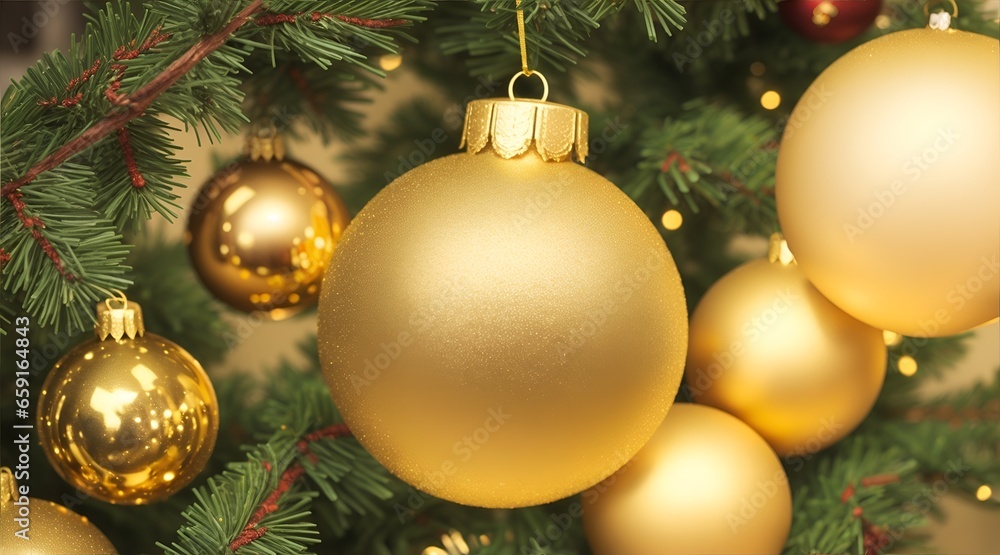 gold christmas balls tree decoration, bokeh circles on background