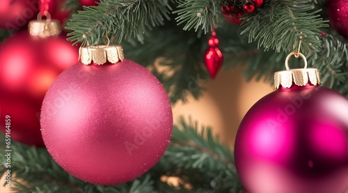 pink christmas balls tree decoration, bokeh circles from reflecting light on a glass ground © Mariana