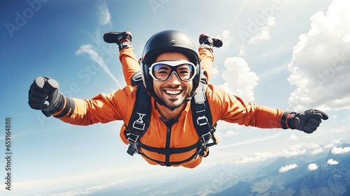 Portrait of man skydiving, jumping out of plane, adventure adrenaline concept background, banner, template  photo