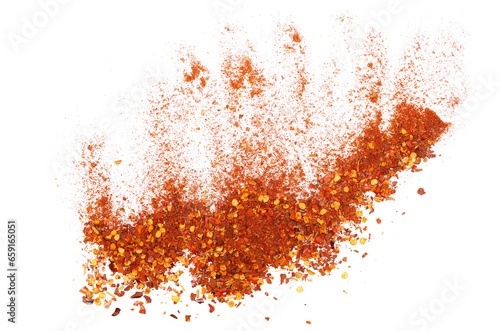 Spicy chili red pepper flakes, chopped, milled dry paprika pile isolated on white, top view