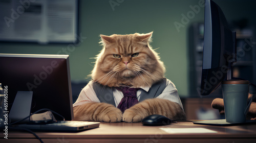 A Fat cat is sitting at the office table in front of a computer, upset and dissatisfied employee