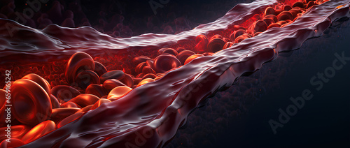 red blood cells in vein with depth of field, A blood vessel with blood cells flowing in one direction, photo