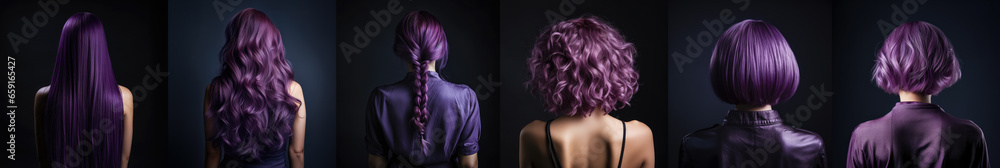 Various haircuts for woman with purple dyed hair - long straight, wavy, braided ponytail, small perm, bobcut and short hairs. View from behind on dark background. Generative AI
