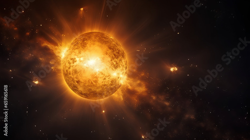 Bright Sun against dark starry sky in Solar System