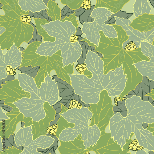 green hop leaves seamless pattern