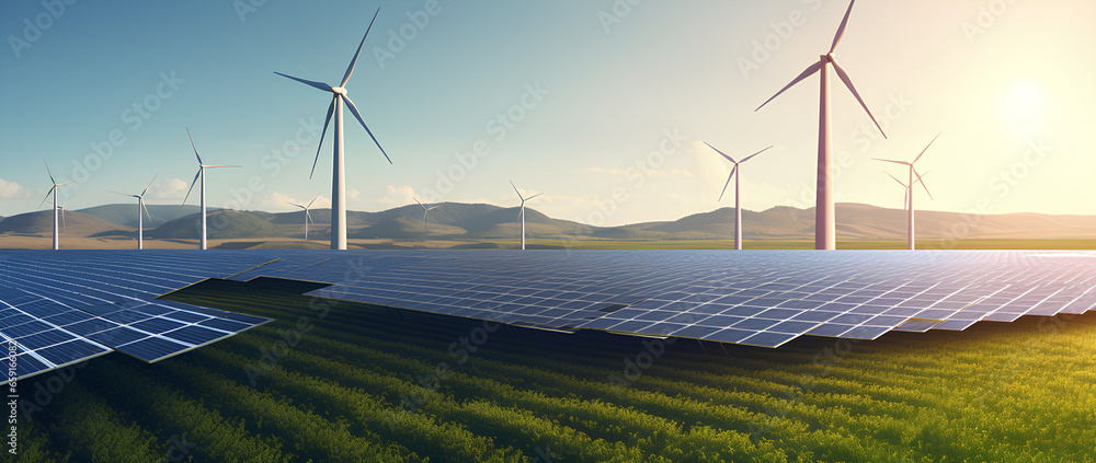 Wind turbines and solar panels farm in a field. Renewable green energy ...