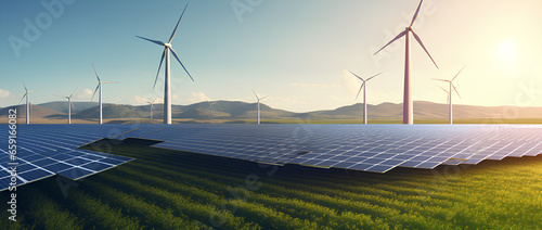 Wind turbines and solar panels farm in a field. Renewable green energy. Sunny landscape, electric energy generator for clean energy producing concept. photo