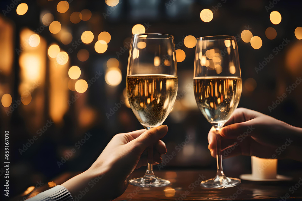 Close up photo of hand hold a glass of champagne, Copy space advertising mock up, Valentine's Day, Close up of people toasting, Christmas  - obrazy, fototapety, plakaty 