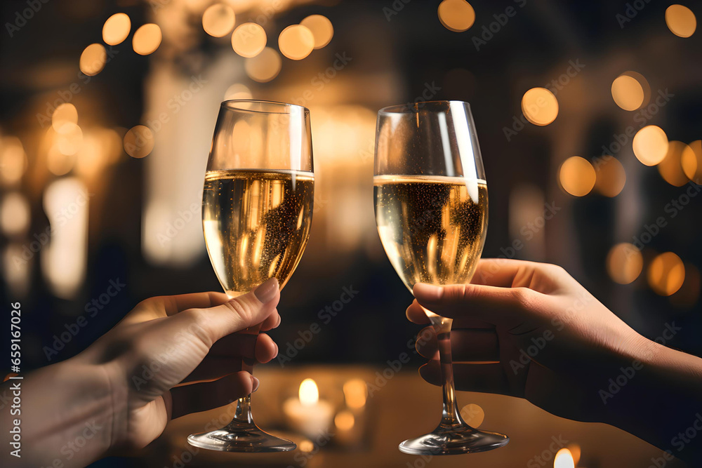 Close up photo of hand hold a glass of champagne, Copy space advertising mock up, Valentine's Day, Close up of people toasting, Christmas 
