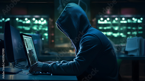 Dangerous Hooded Hacker Breaks into Government Data Servers and Infects Their System with a Virus. His Hideout Place has Dark Atmosphere, Multiple Displays, Cables Everywhere