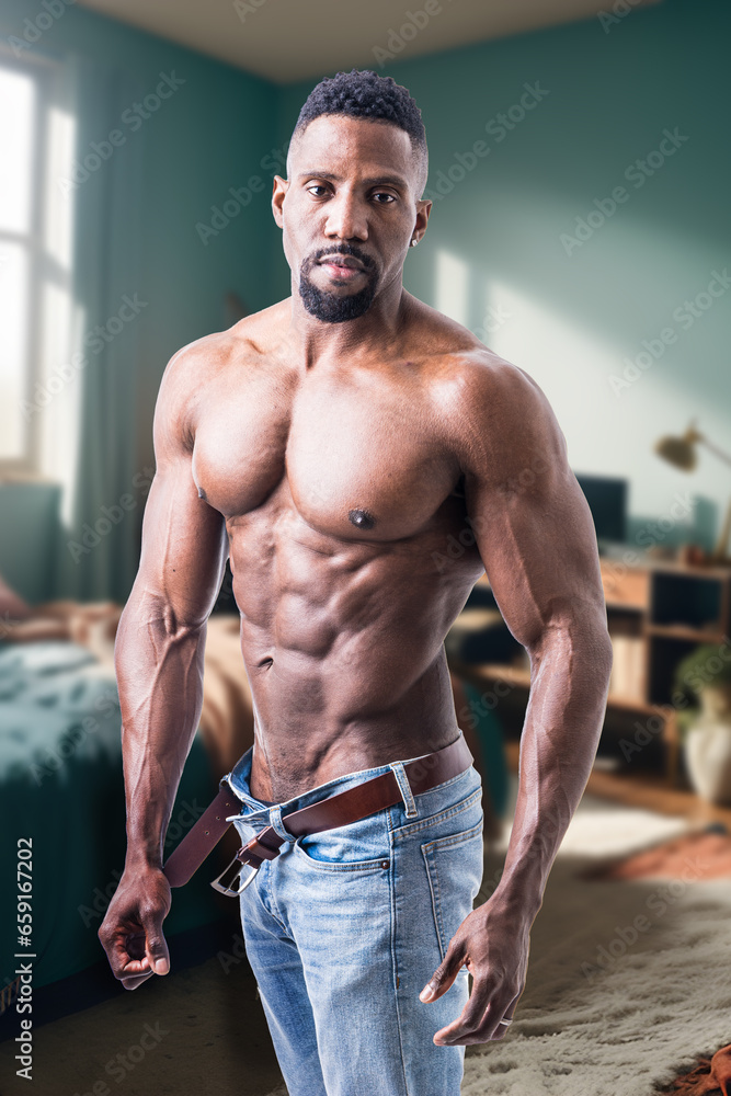 Fototapeta premium A man with a beard and no shirt standing in a bedroom. Photo of a shirtless man with a beard posing in a bedroom
