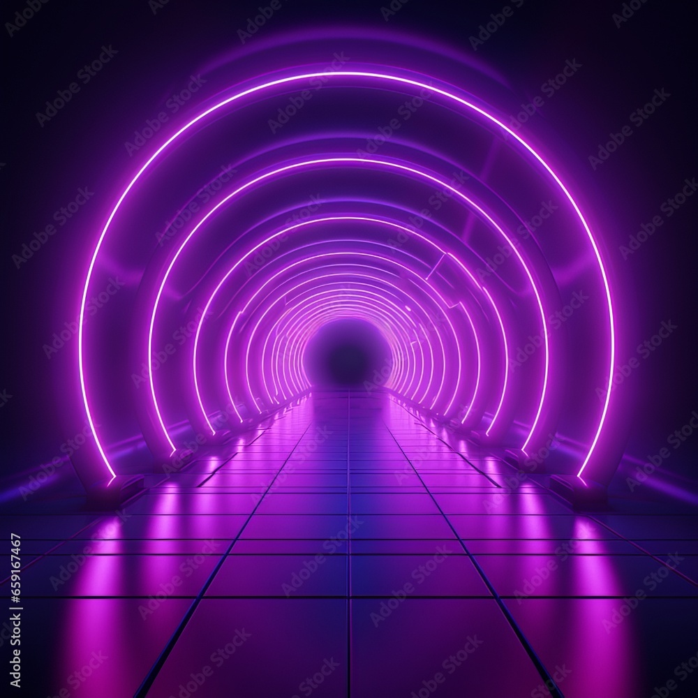 Vibrant purple neon lights in tunnel. Symmetrical bright circles. Vibrant purple neon lights in tunnel. Symmetrical bright circles.