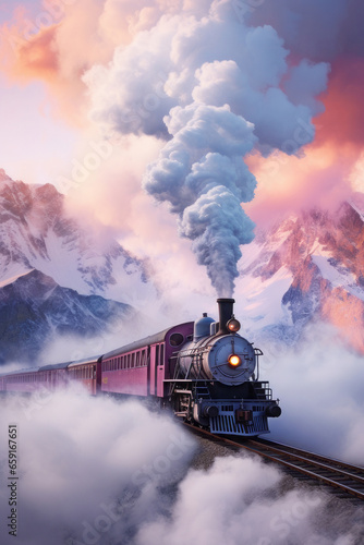 Steam train in the mountains. Steam locomotive high in the mountains with snow, smoke and clouds in the evening. Pastel pink sky blue hour color.
