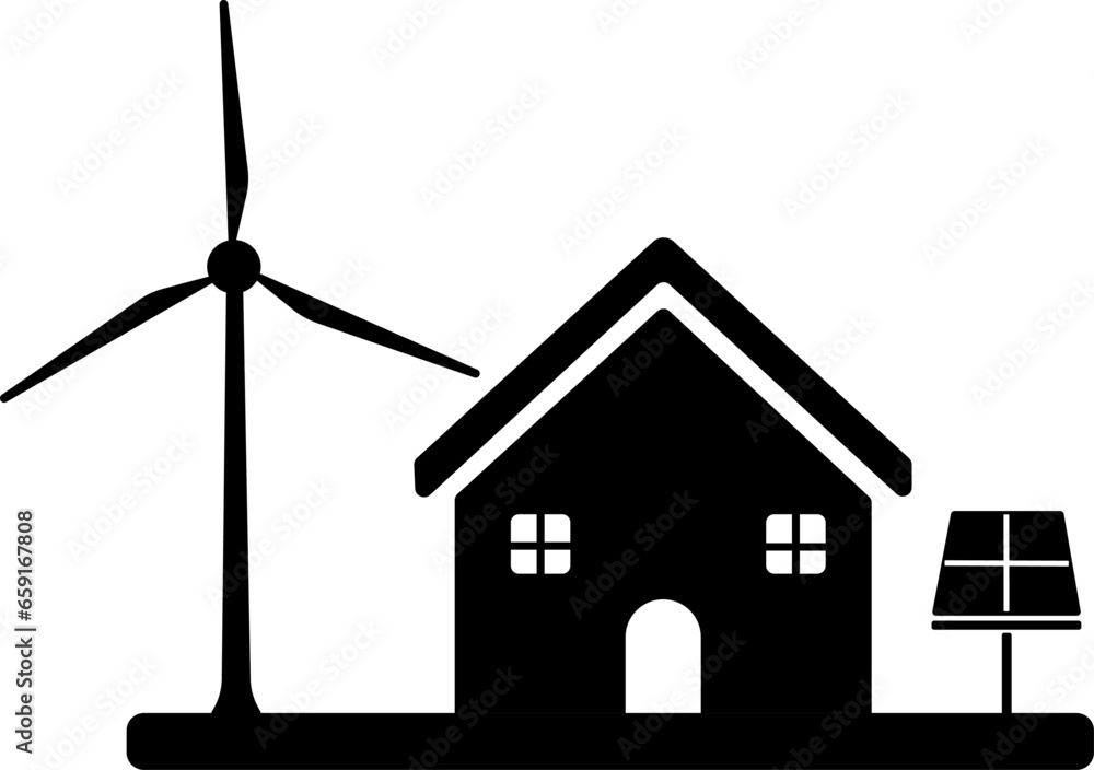 vector illustration of house windmill and solar panel on transparent background