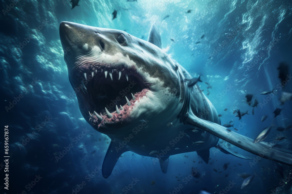 Fototapeta premium Shark in the sea. Sea monsters, gigantic prehistoric sharks on the attack.