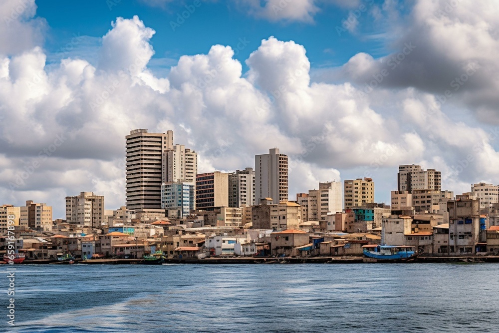 Cityscape of Dakar, Africa, captured from a boat with towering buildings against a cloudy blue sky. Generative AI