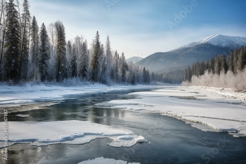 Scenic winter view of icy river, snowy mountains, and wooded area. Generative AI © Mason
