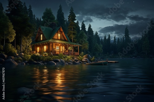 Beautiful vacation home on the lake at dusk. Luxurious cottage in nature.
