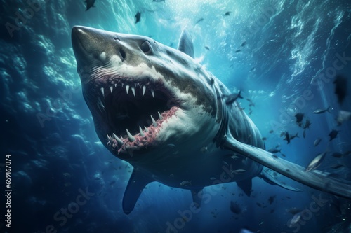 Shark in the sea. Sea monsters  gigantic prehistoric sharks on the attack.