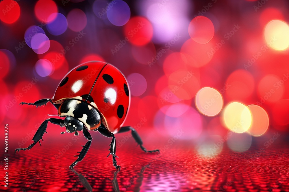 Fototapeta premium Ladybug on the dancing floor close up with red and purple color bokeh background.