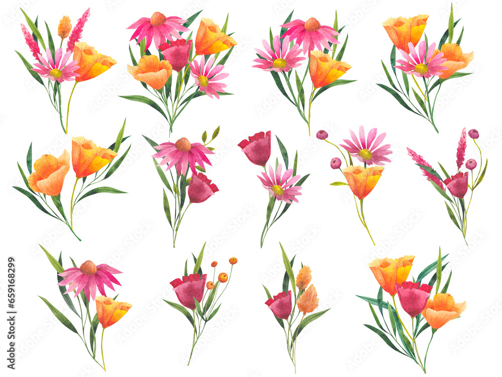 Set of bouquet with orange Watercolor california poppies, dried flowers and cosmos flowers isolated on white background. Hand painted illustration to design invitations, postcards and other print.