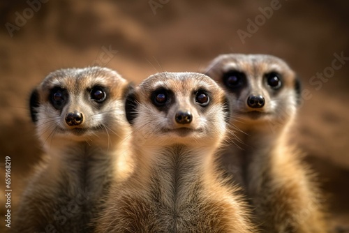 Three meerkats lined up, eyes wide open. Generative AI © Beatriz