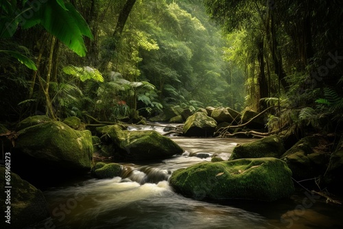 Rainforest scenery with waterfall and tropical river. Generative AI
