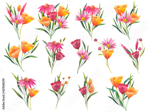 Set of bouquet with orange Watercolor california poppies  dried flowers and cosmos flowers isolated on white background. Hand painted illustration to design invitations  postcards and other print.