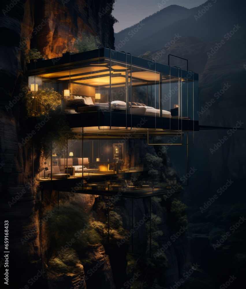 Apartment on the rock, luxury modern hotel room on the rock above the mountain river. Apartment on the rock, luxury modern hotel room on the rock above the mountain river.