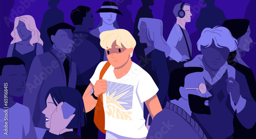 Sad man in crowd vector illustration. Cartoon young male character with worry, helpless and unhappy face standing in group of indifferent people, apathy and loneliness due to social indifference