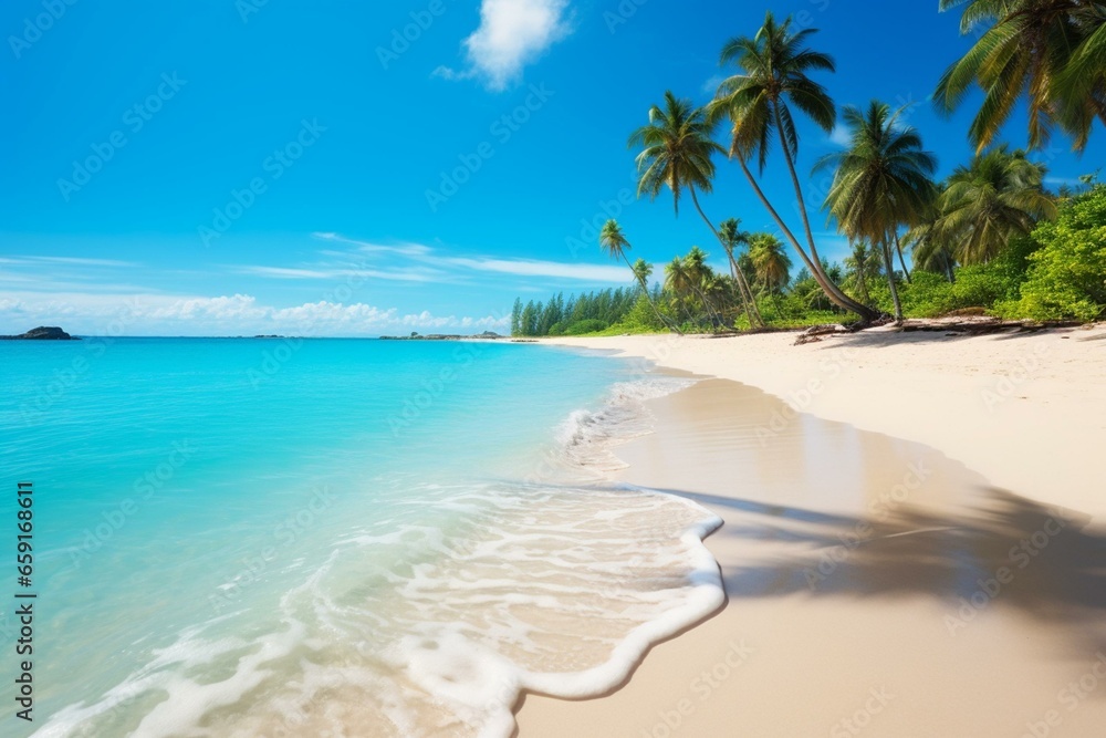 Beautiful beach with sandy shore and palm trees, surrounded by clear turquoise waters. Generative AI