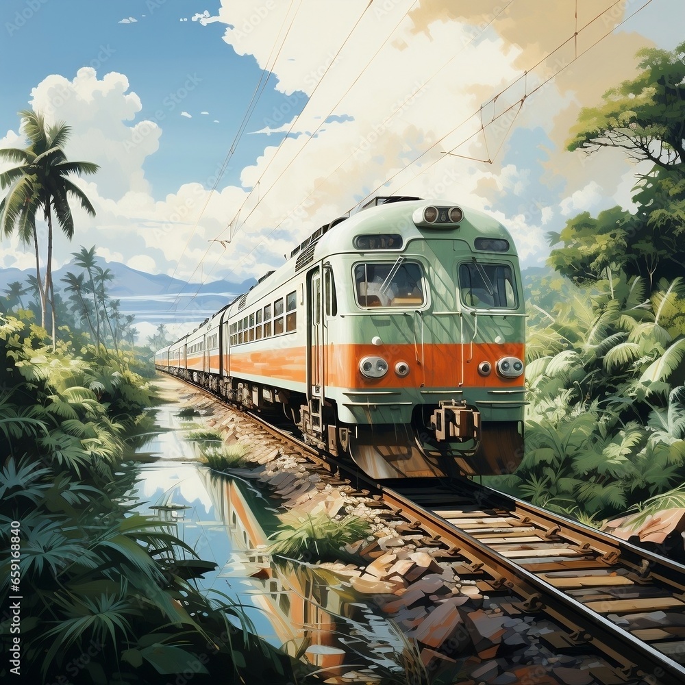 Naklejka premium A white train on a green background