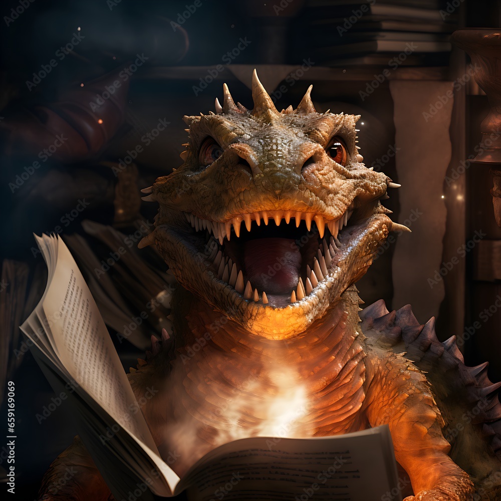 joyful young dragon with magical storybook joyful young dragon with magical storybook