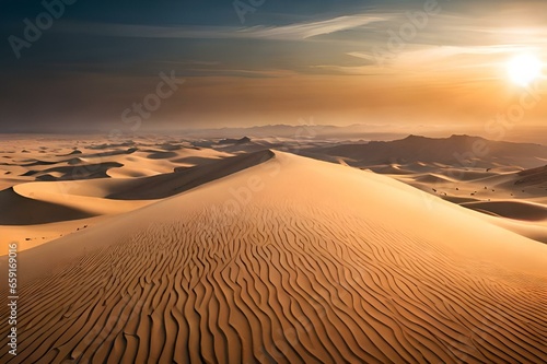 Desert Landscape with Scorching Sun,,,,,,,,,,, Hot Yellow Sand Dunes under a Blue Sky