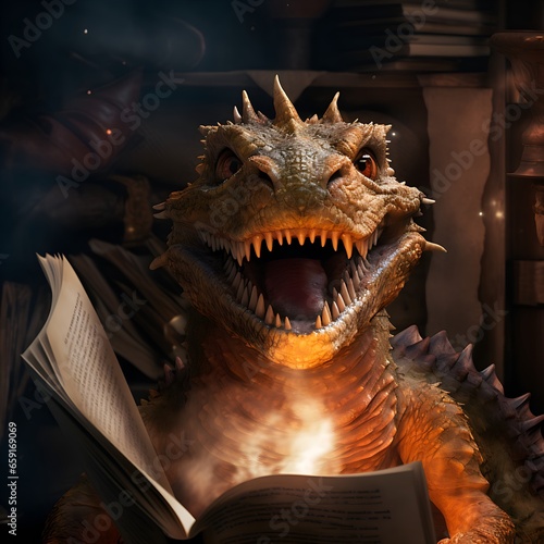 joyful young dragon with magical storybook