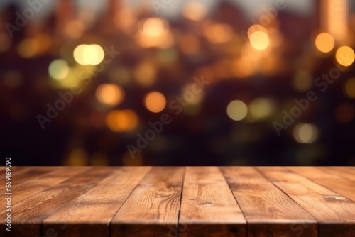 Empty wooden table top and blurred Christmas holiday background with snow. Image for display your product.
