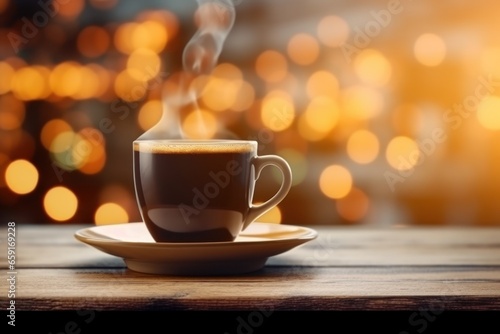 Cup of fresh black coffee on table top. Blurred garland in nightlife as background. City lights. Christmas holiday