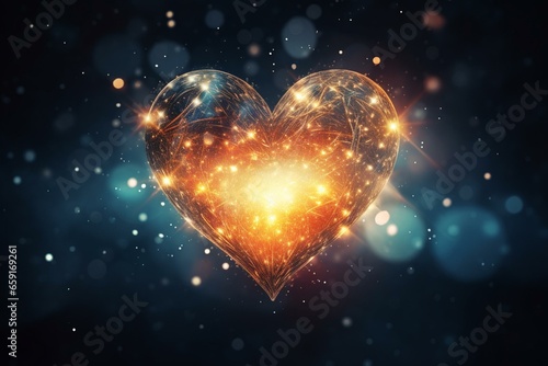 Romantic heart glowing in the darkness with stars. Generative AI