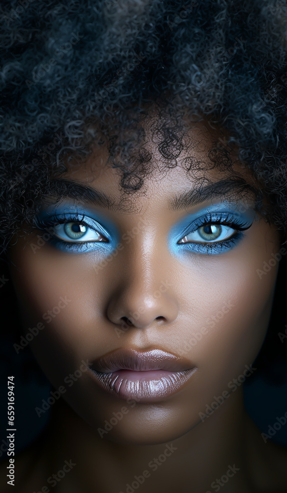 Fototapeta premium Very beautiful afro woman with blue eyes. Beauty concept. AI generated