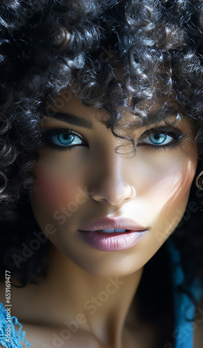 Very beautiful afro woman with blue eyes. Beauty concept. AI generated